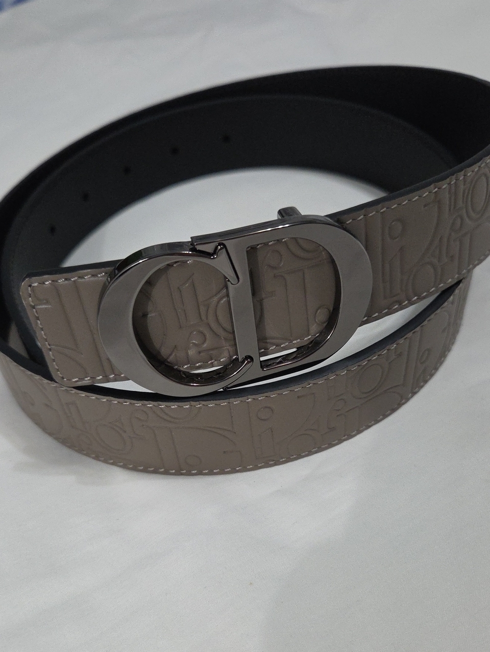 Dior Reversible Belt Dark CD Silver Buckle Beige Black Leather 95cm